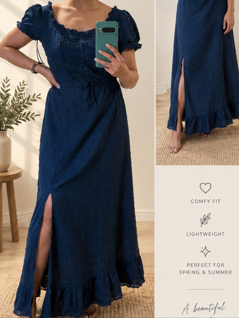 GAP Navy Eyelet Midi Dress with Ruffle Hem And Front Slit
